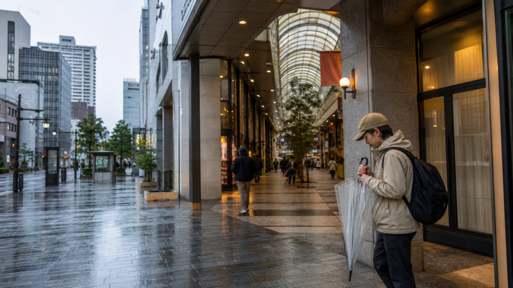 雨の札幌中心部で屋根のある通りへ向かう旅行者