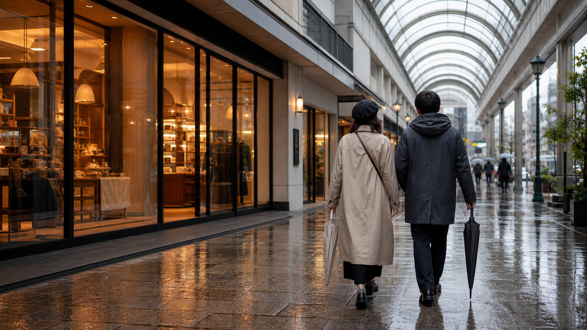 雨の日の屋根付き歩道を歩く旅行者のイメージ