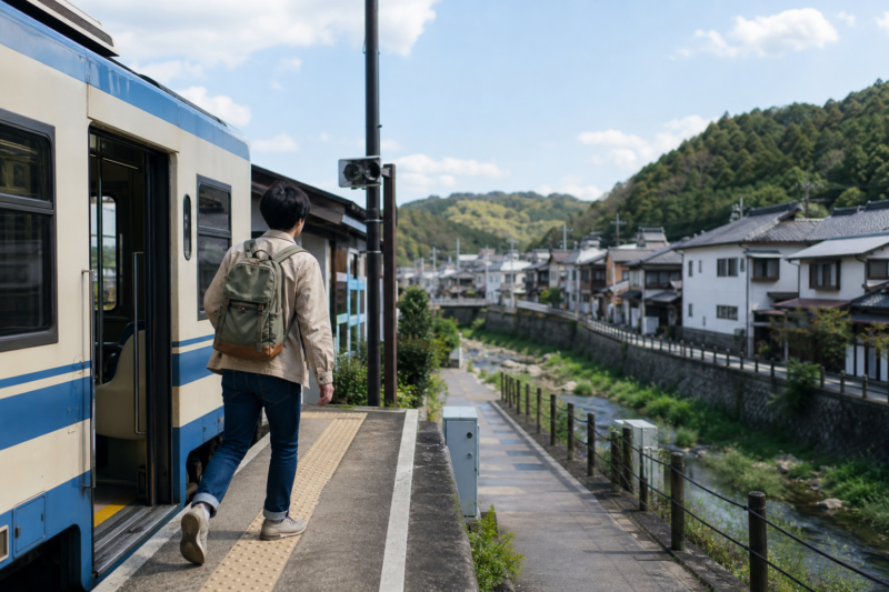 ローカル線を降りて川沿いの町へ向かう旅行者