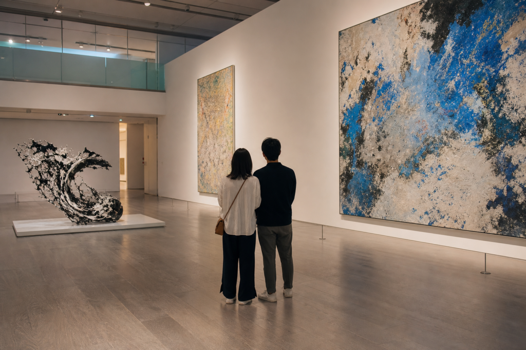 東京の現代美術館で抽象作品を見るカップル