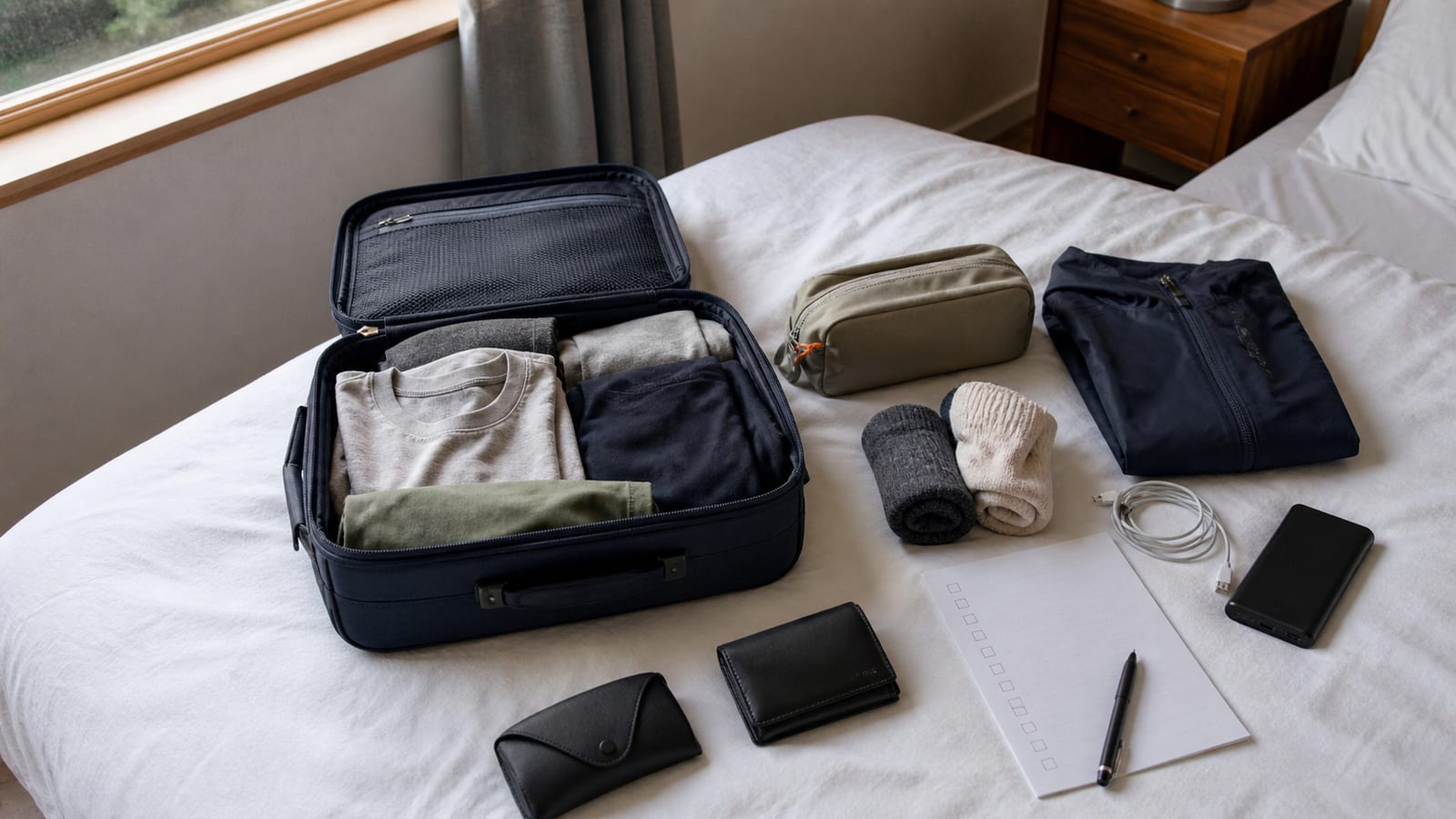 開いた旅行かばんの横に衣類、充電器、財布、持ち物チェック表を並べた荷造りのイメージ