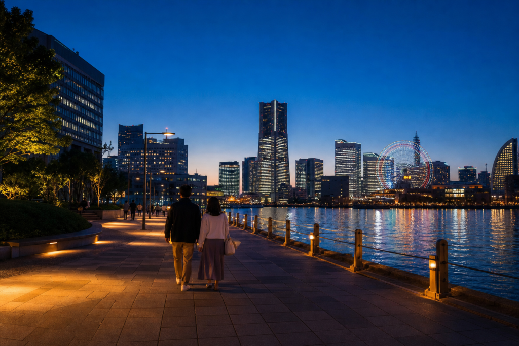 横浜みなとみらいの夜景へ向かって歩くカップル