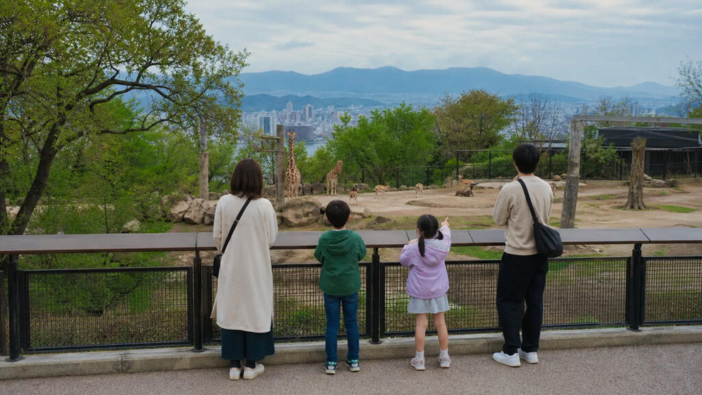 広島の丘陵にある動物園を思わせる園路からキリンを観察する家族