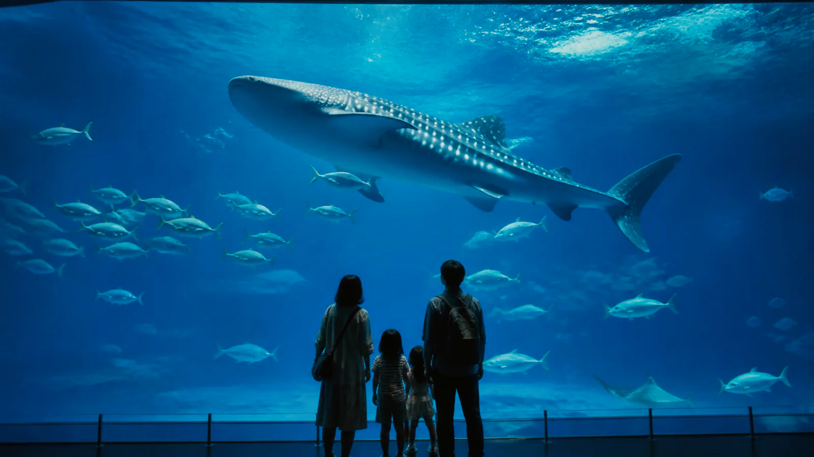 雨の日に大きな水槽を見上げる家族を表した水族館の編集イメージ