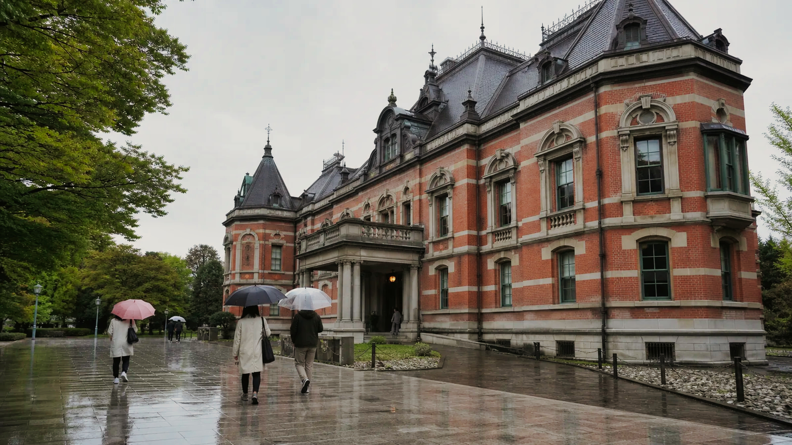 雨の日にもりおか歴史文化館を思わせる建物へ向かう旅行者