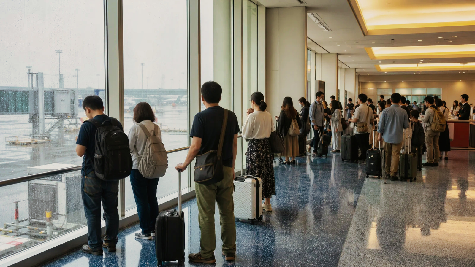 強い雨を窓越しに見ながら那覇の空港で待つ旅行者