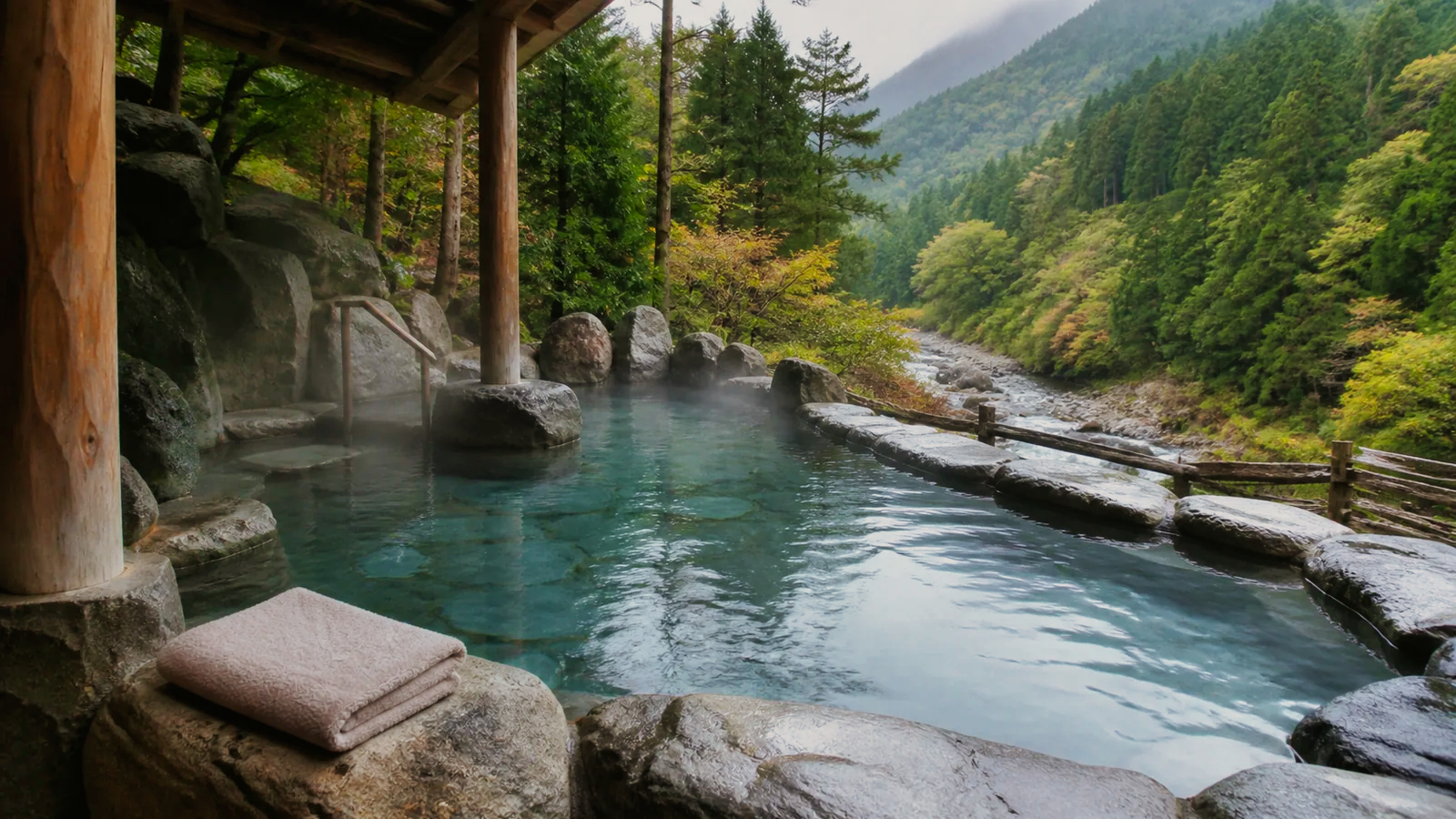下呂の山と川を望む石造りの露天風呂