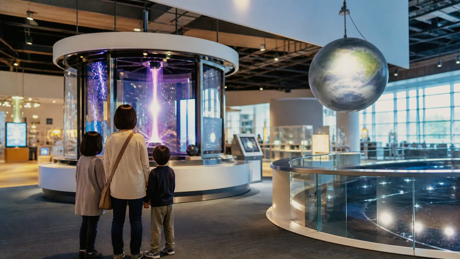 明るい科学展示を親子で観察する編集イメージ