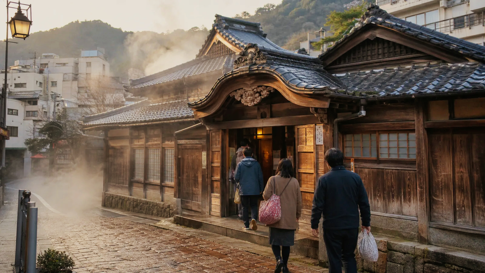 別府の歴史ある共同浴場を思わせる木造建築へ向かう旅行者