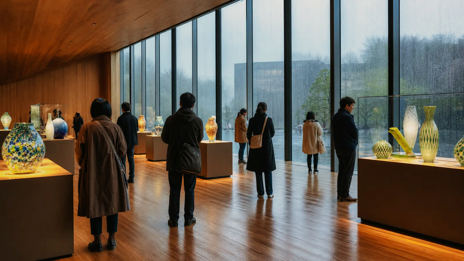 雨の日に富山のガラス美術館で作品を見る編集イメージ