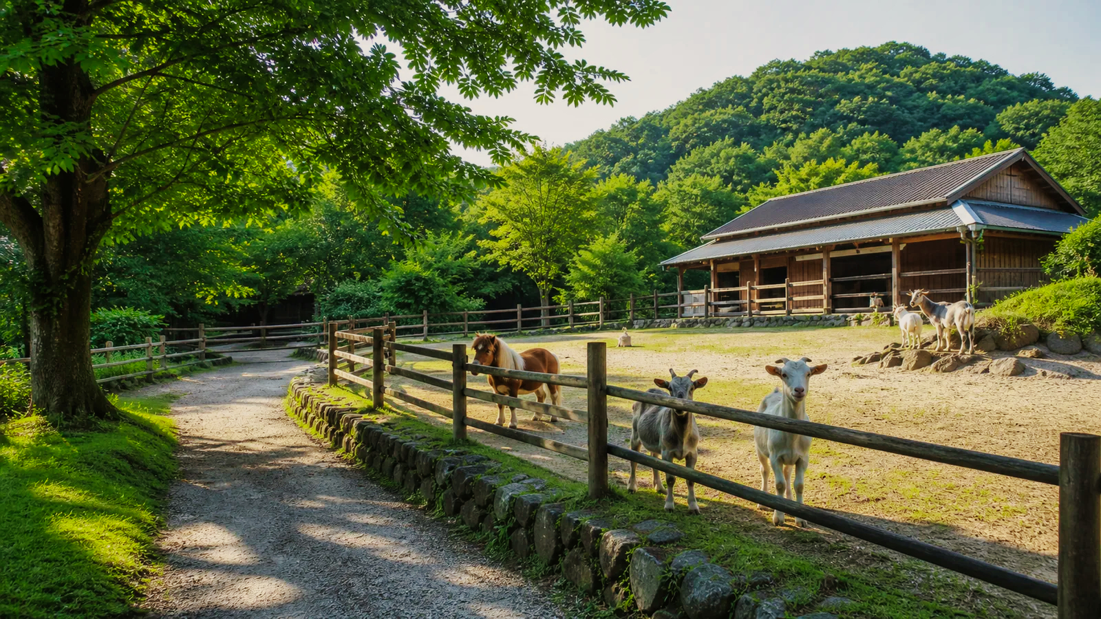 奈良の緑に囲まれた動物学習公園でヤギとポニーを見学する環境の編集イメージ