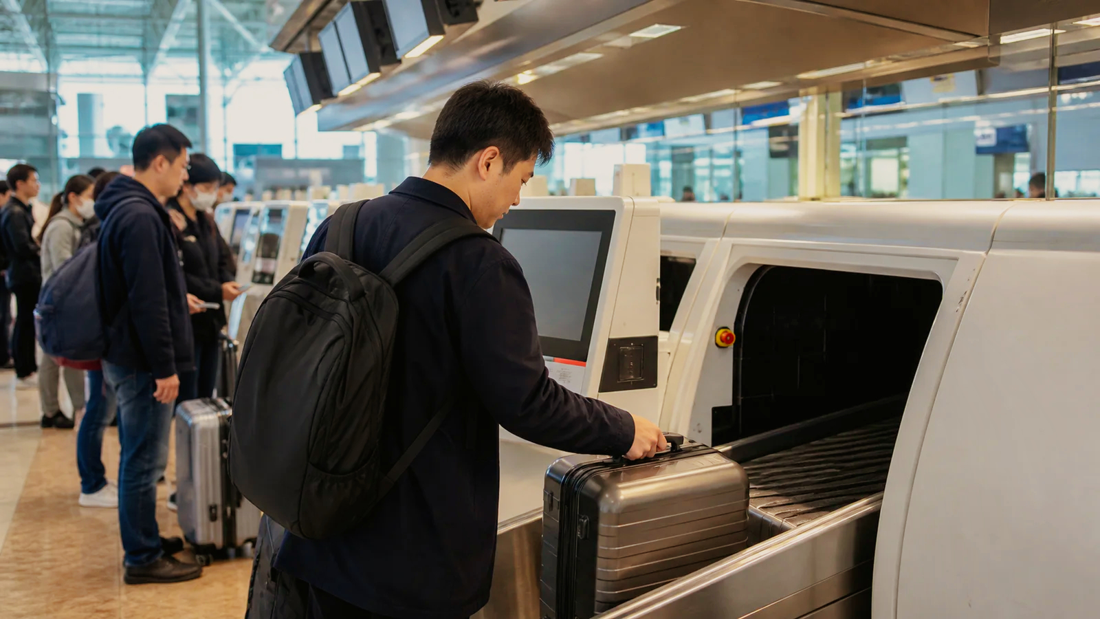 国内線空港の自動手荷物預け機を使う旅行者