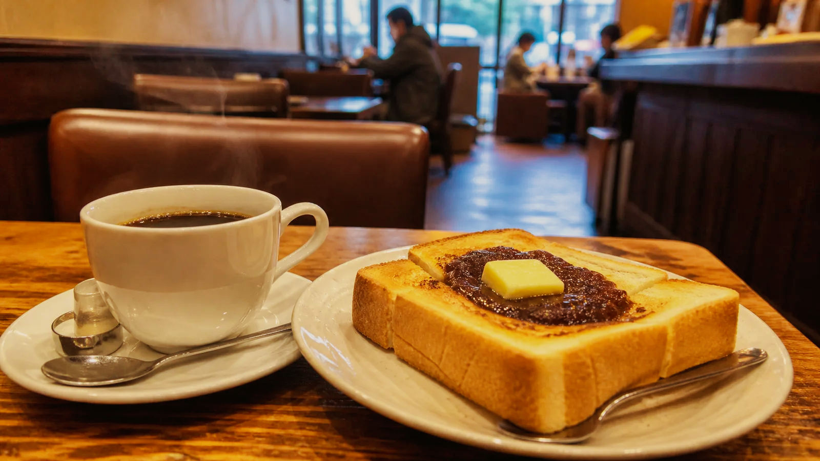 厚切りトーストと小倉、コーヒーを味わう名古屋の朝