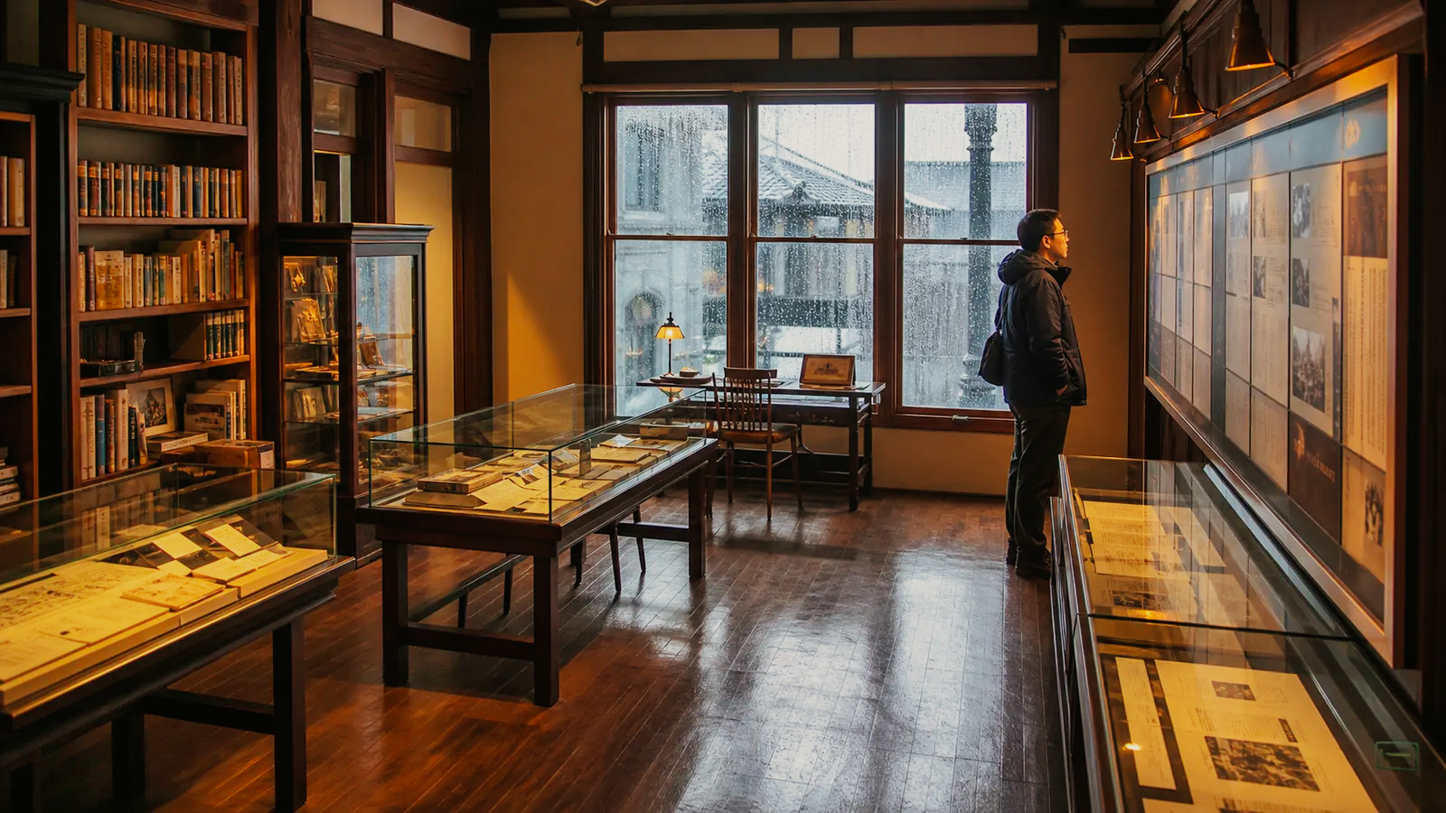 函館の文学館を思わせる静かな展示室で資料を読む旅行者