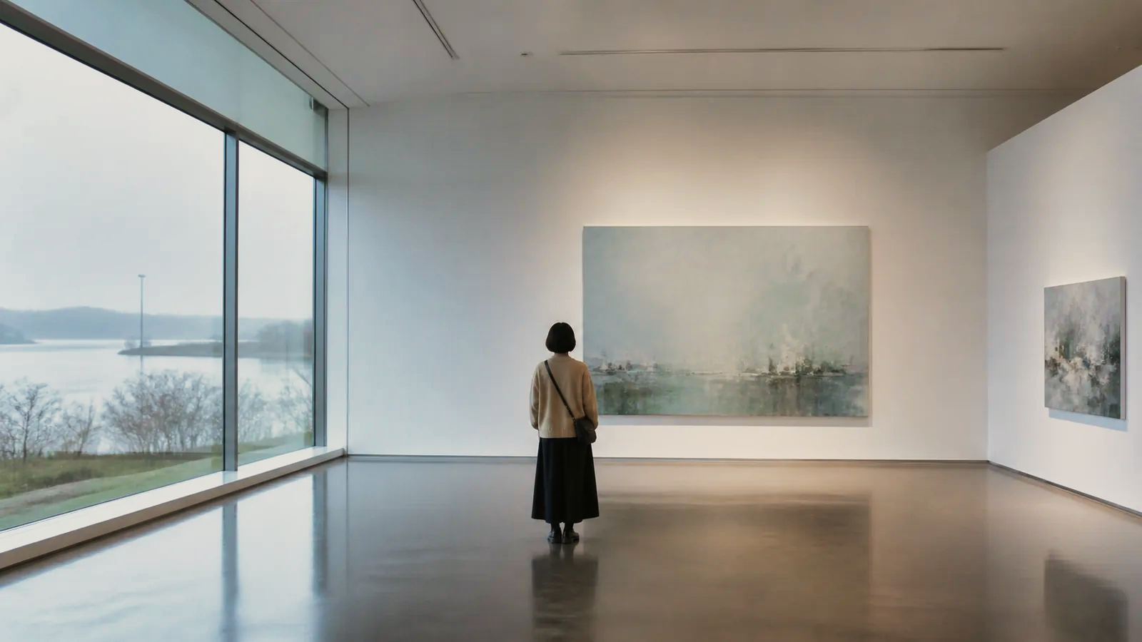 静かな美術館で架空の抽象作品を鑑賞する編集イメージ