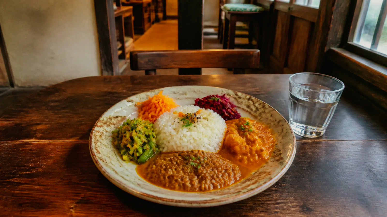 空堀の古い町家風の食堂で複数のカレーと副菜を味わう編集イメージ