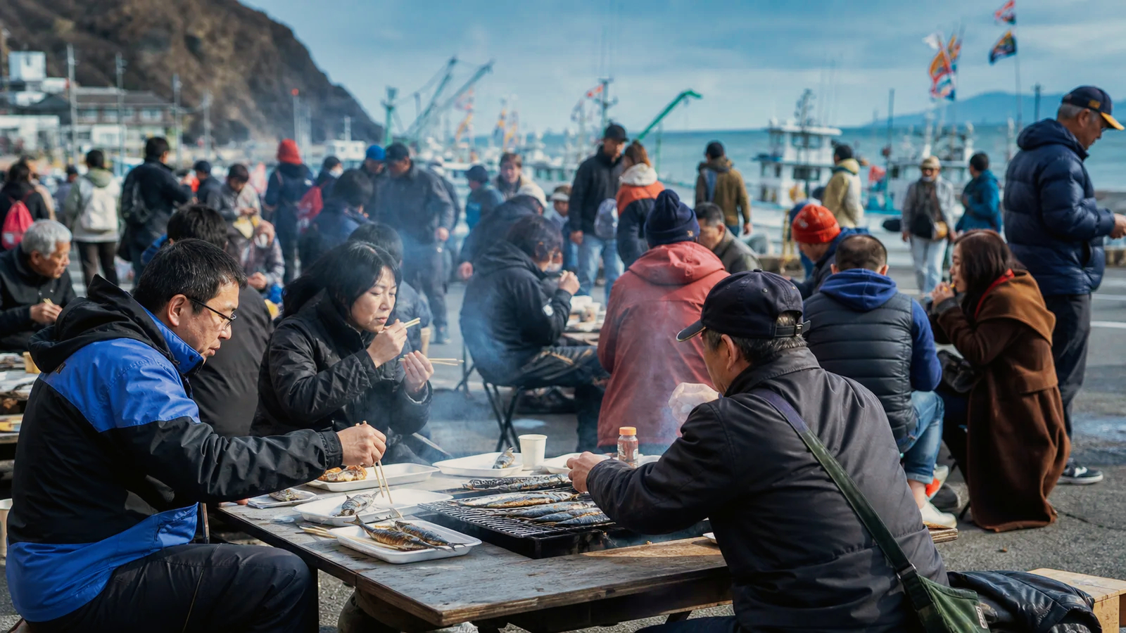 北海道の漁港で焼きさんまを味わう来場者