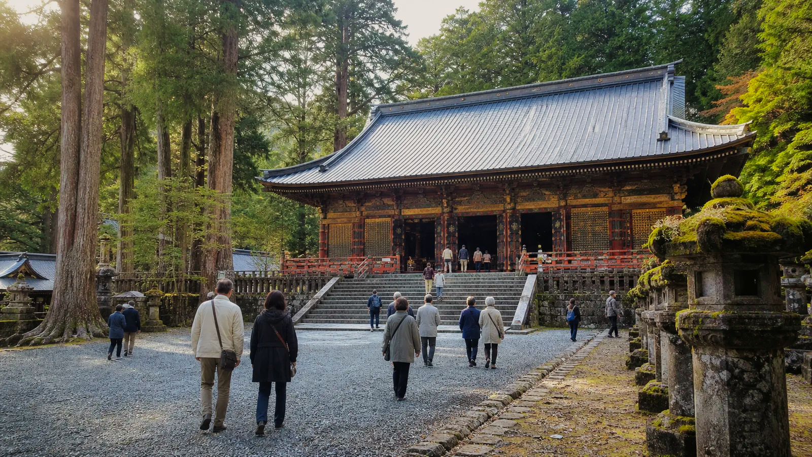 日光の杉木立に囲まれた大きな寺院建築を思わせる三仏堂へ向かう旅行者