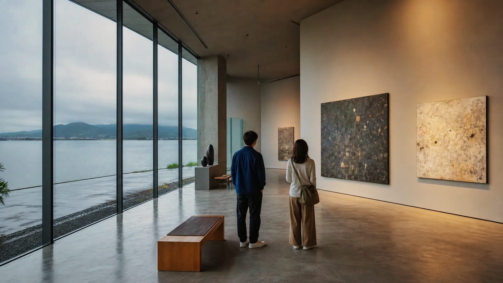 雨の湖畔にある現代的な美術館で作品を見る二人の編集イメージ