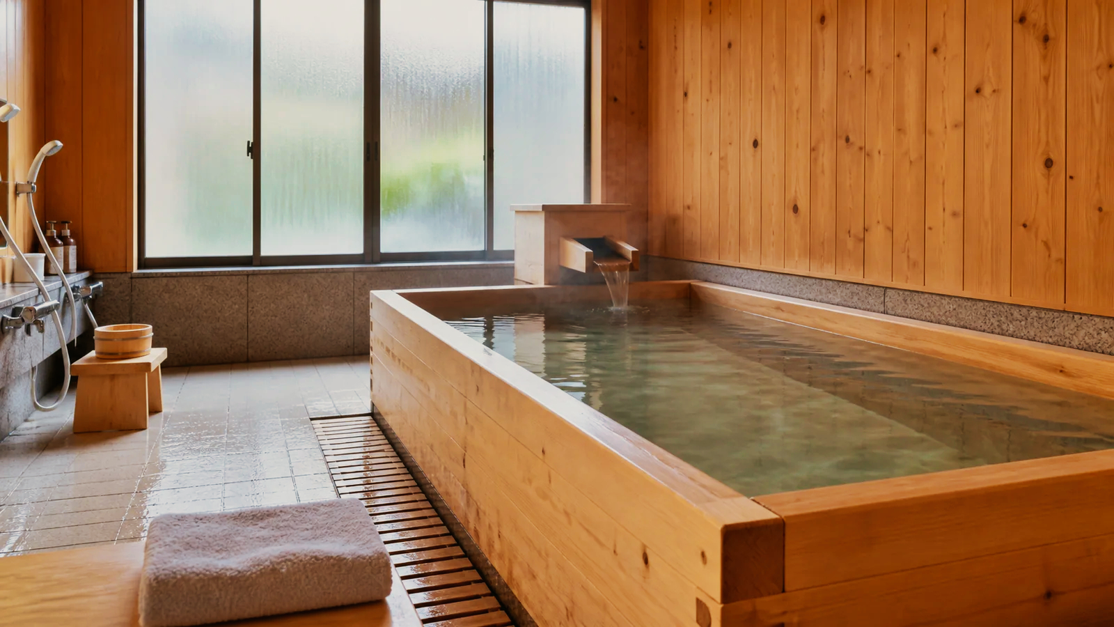 木の香りを感じる落ち着いた檜の内湯