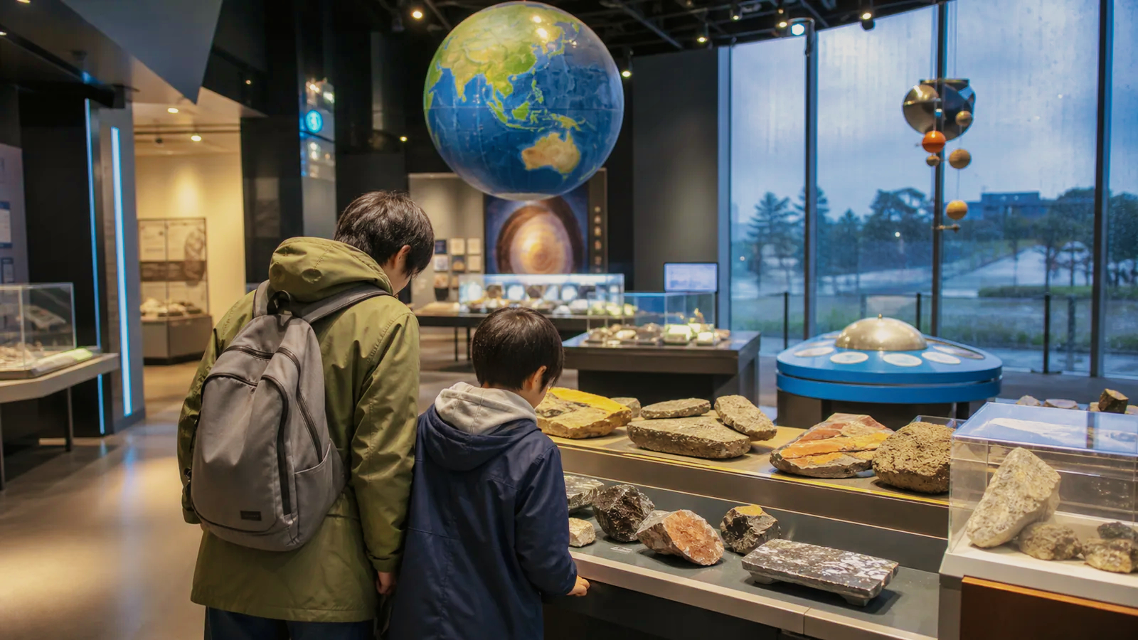 富山の科学博物館で親子が岩石や地球の展示を見る編集イメージ