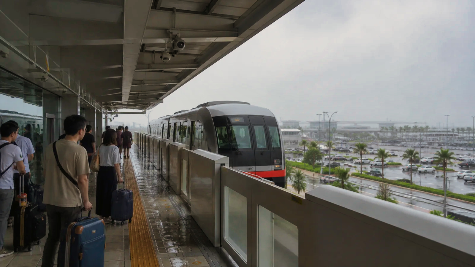 大雨の那覇空港駅でモノレールを待つ旅行者
