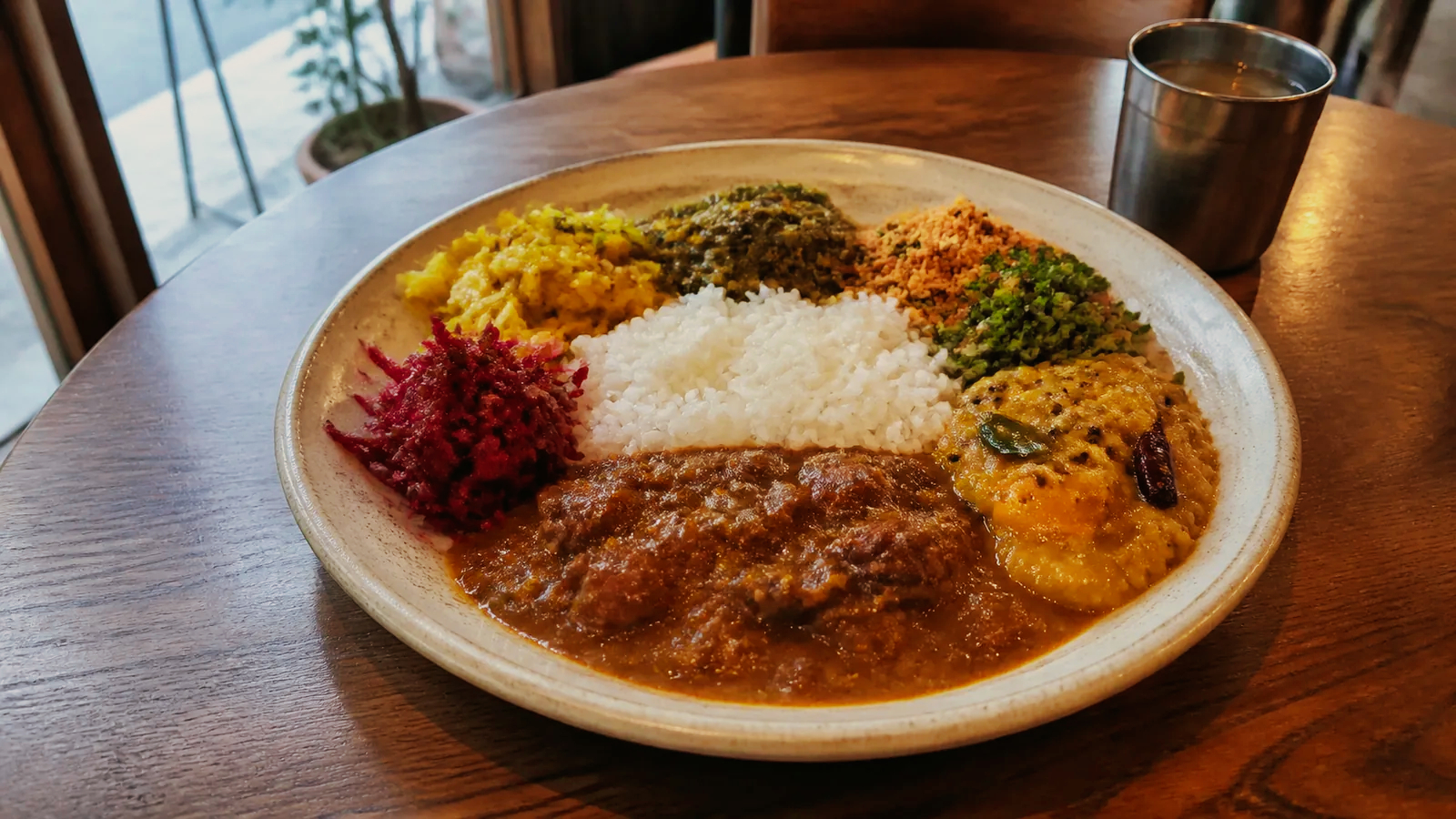 南船場の食堂でカレーと多彩な野菜の副菜を盛り合わせた編集イメージ
