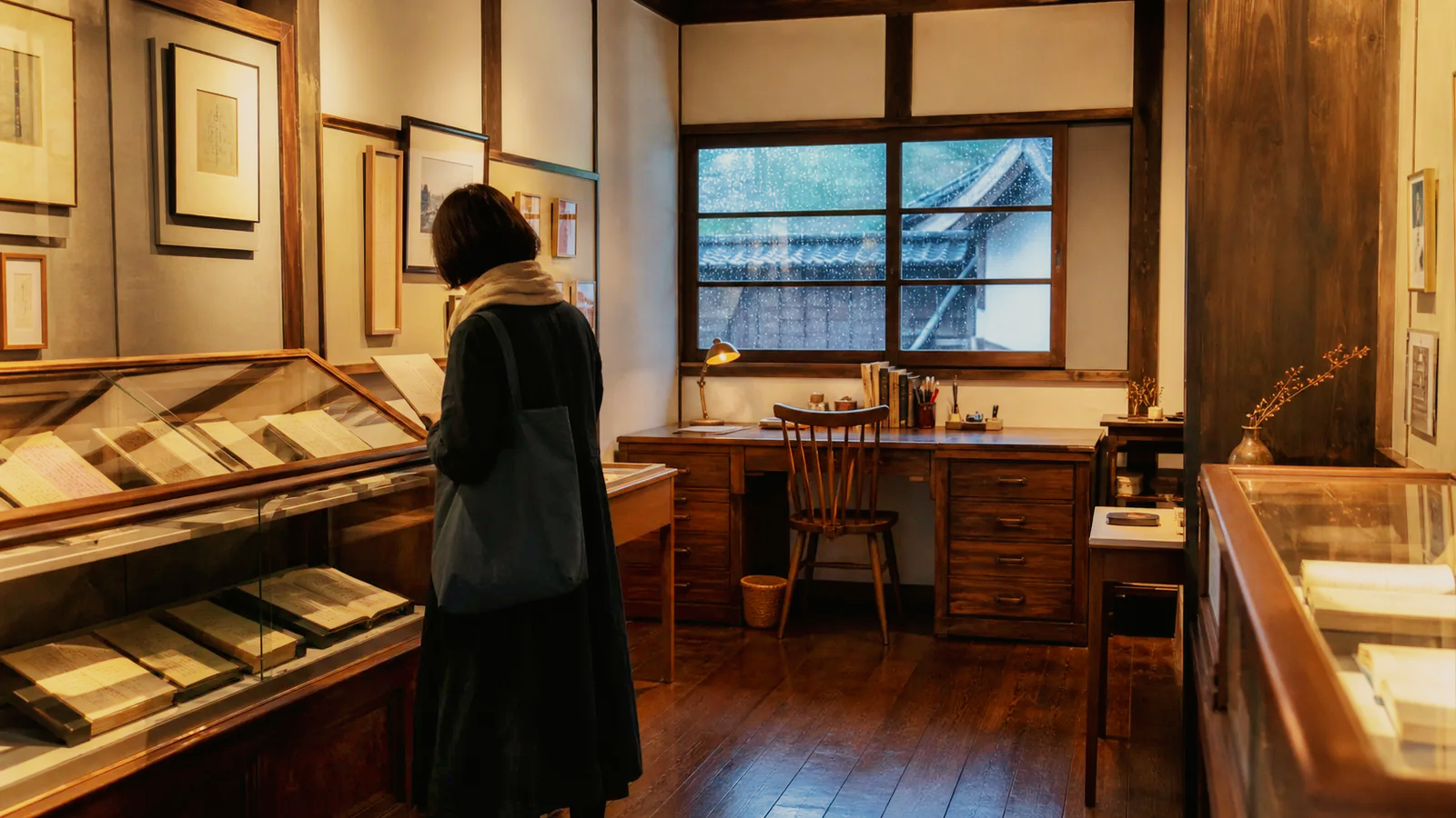 雨の日の文学館で作家資料の展示を見る旅行者の編集イメージ