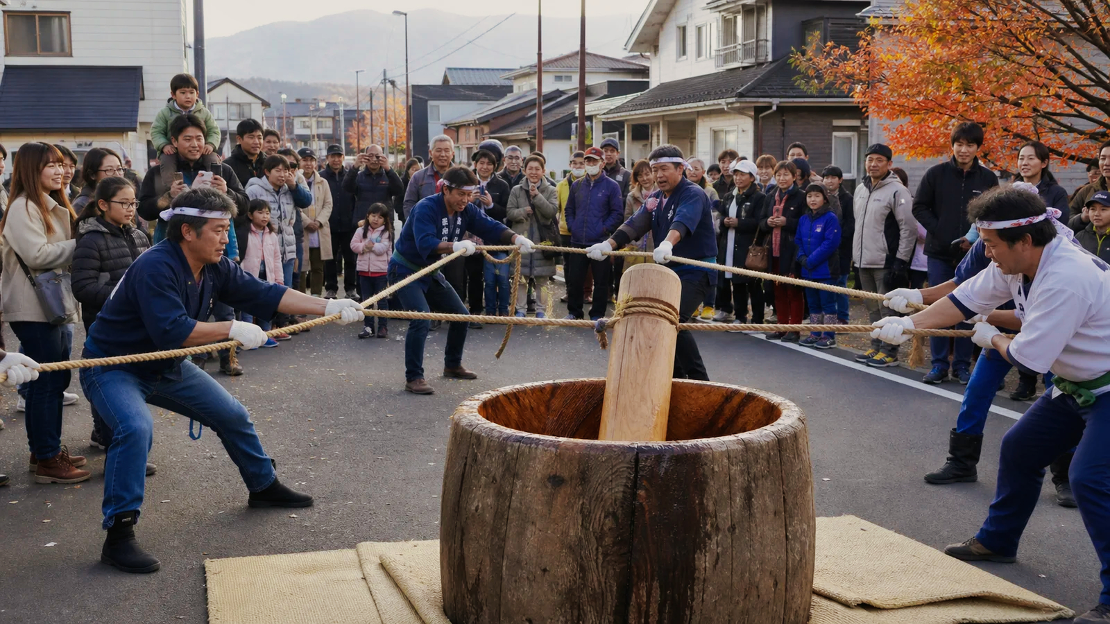 大きな木臼を囲み綱を引いて餅つきをする地域の人々