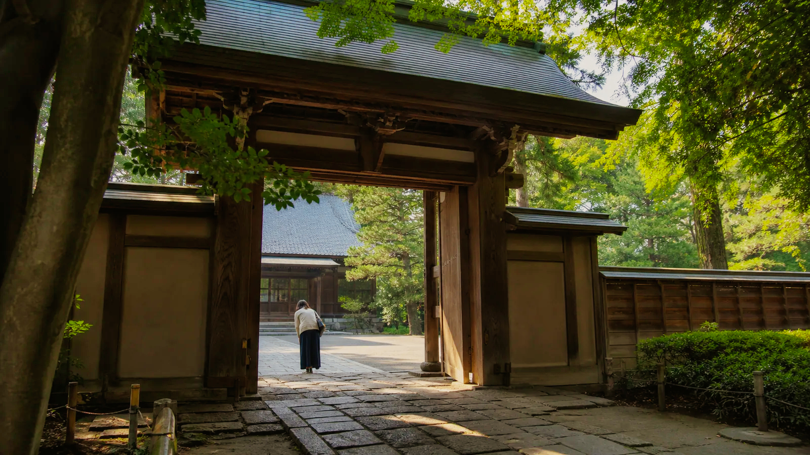 木立に囲まれた寺院の山門をくぐり一礼する旅行者の編集イメージ