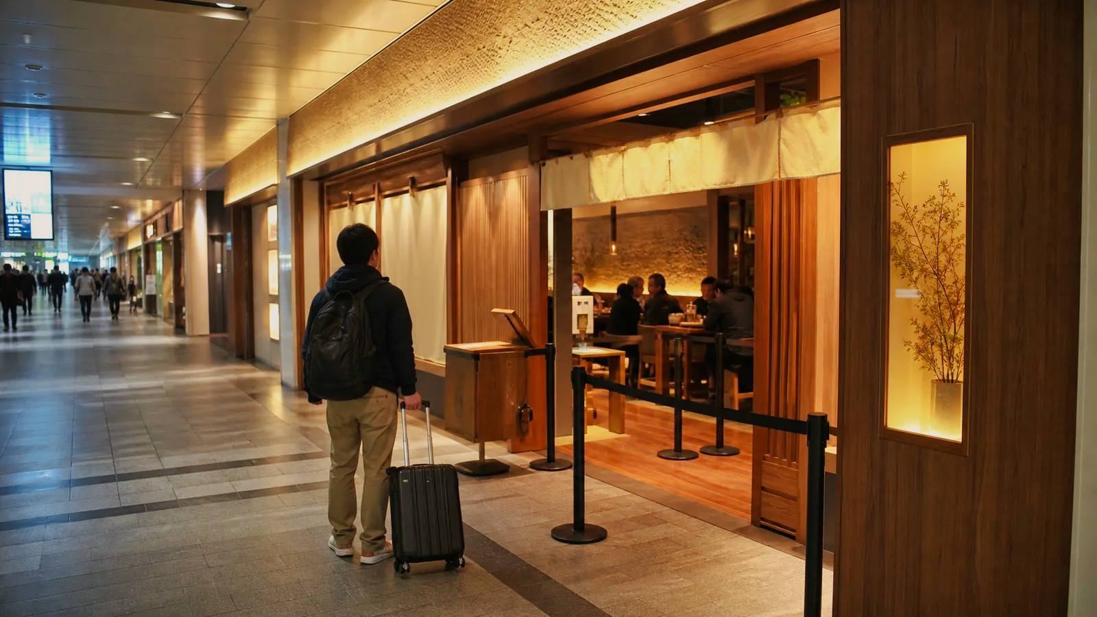 仙台駅の飲食店通路で和風の店へ向かう旅行者の編集イメージ