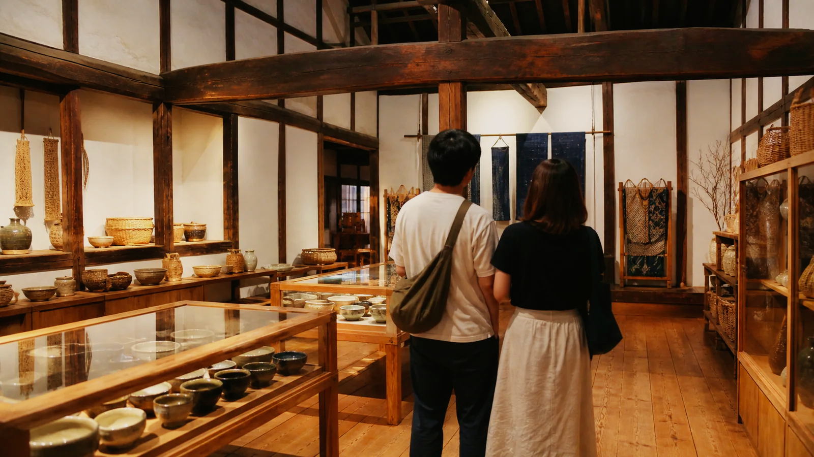 白壁の土蔵を生かした民藝展示室で工芸品を見る旅行者
