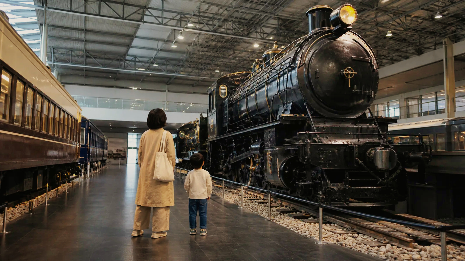 鉄道博物館の屋内展示で大きな車両を見上げる親子の編集イメージ