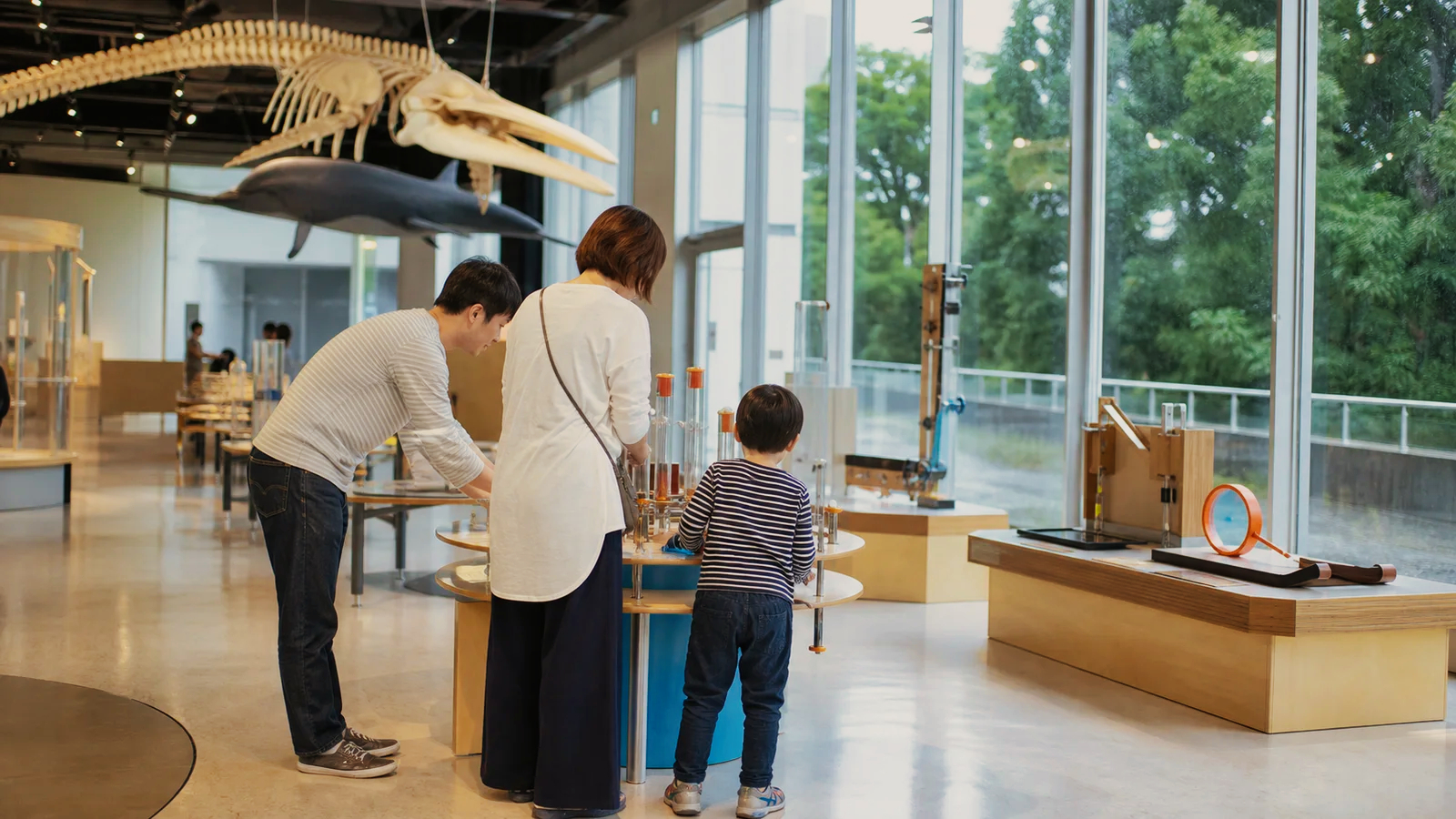 明るい科学館で体験展示に取り組む親子