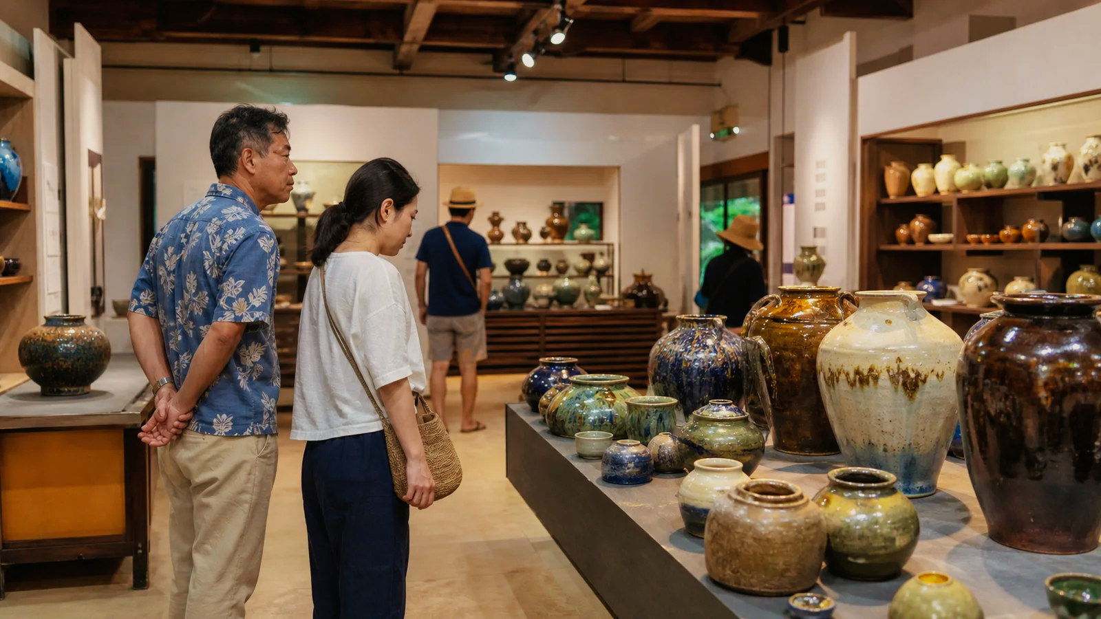 沖縄の陶器が並ぶ展示室を見学する旅行者