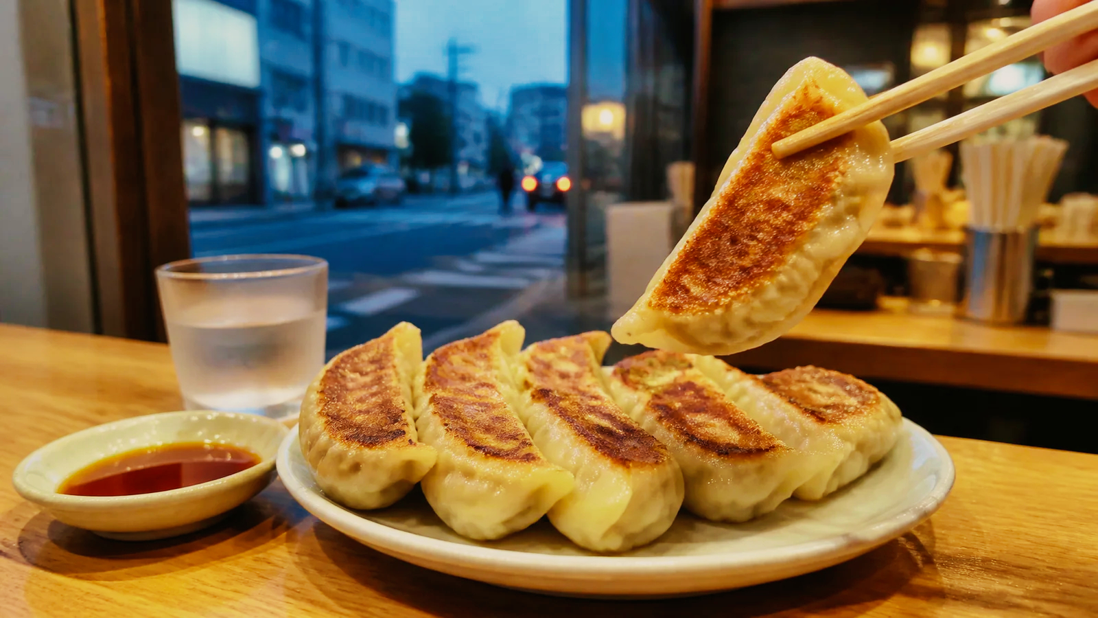 宇都宮中心部の明るい餃子店で厚めの皮の焼き餃子を味わう食卓