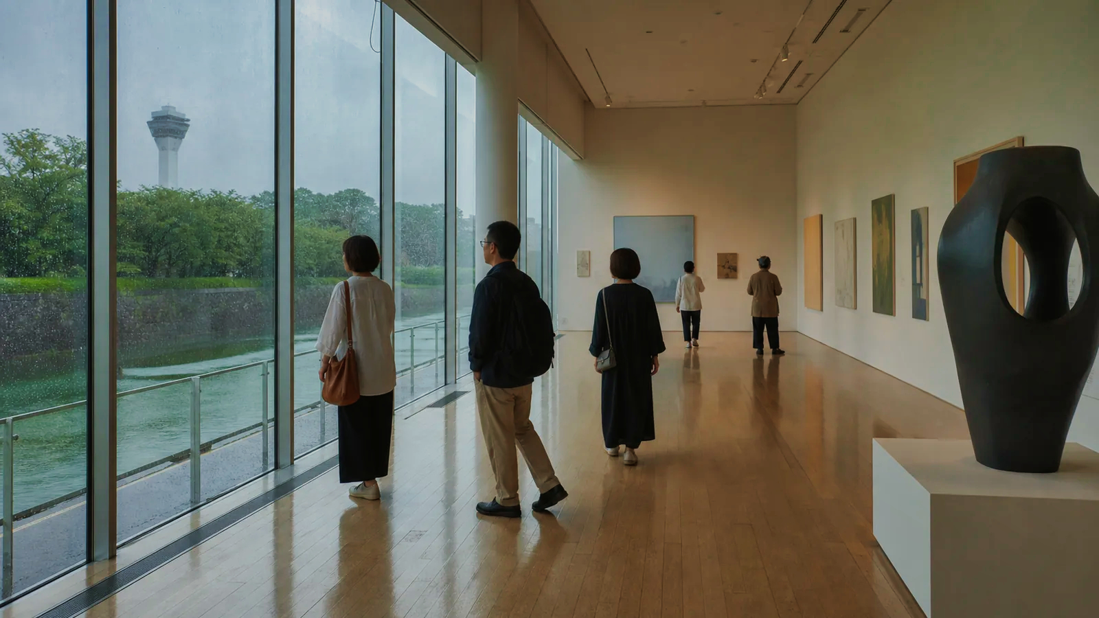 函館美術館を思わせる展示室で現代美術を見る旅行者