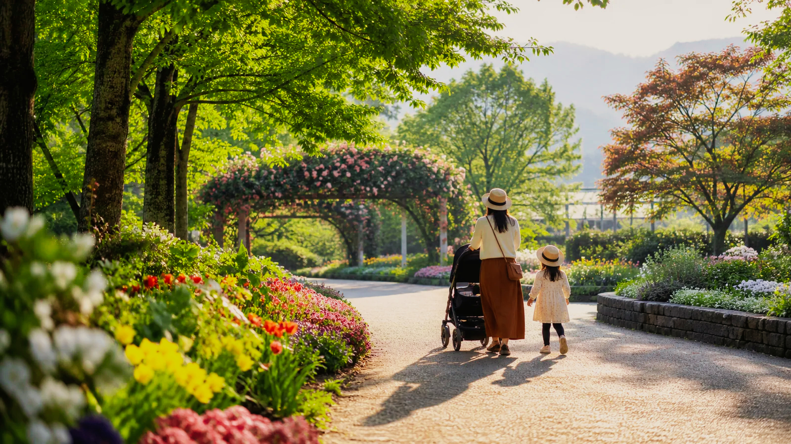 花壇が続く庭園をベビーカーで歩く家族を表した編集イメージ