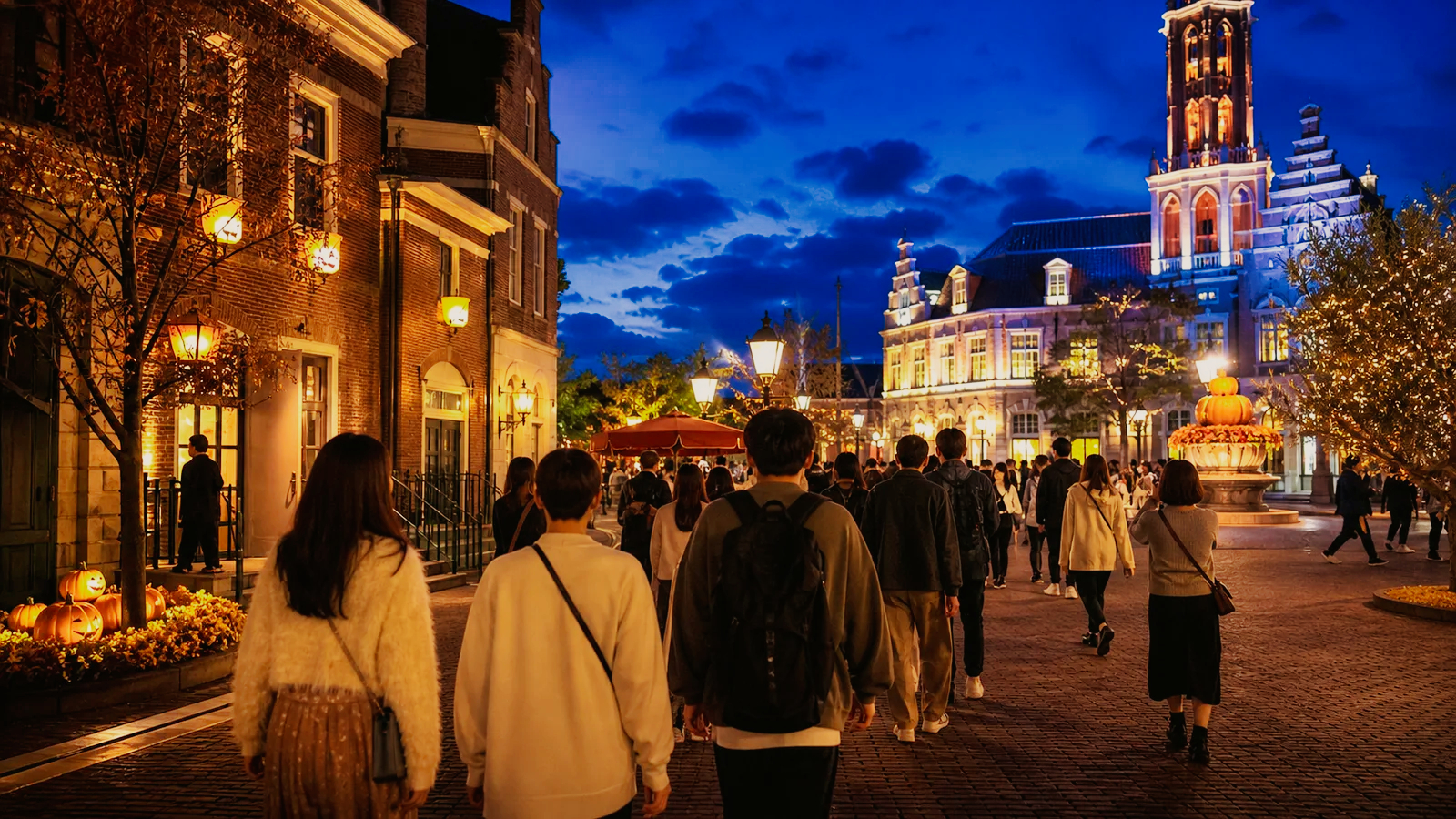 秋の夜にランタンが灯るヨーロッパ風のテーマパークを歩く人々