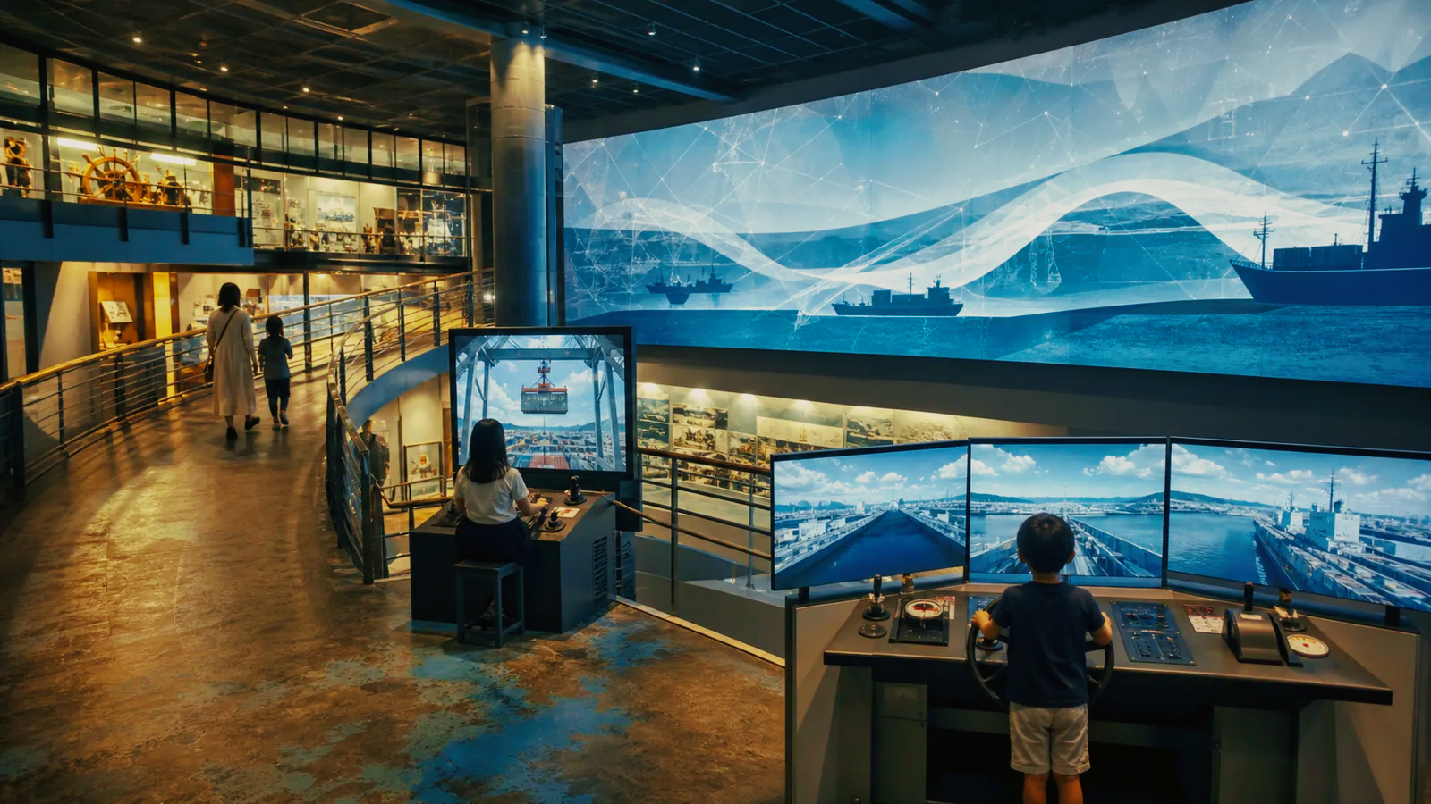 大型映像と操船シミュレーターがある海峡の体験型博物館を親子で巡る編集イメージ