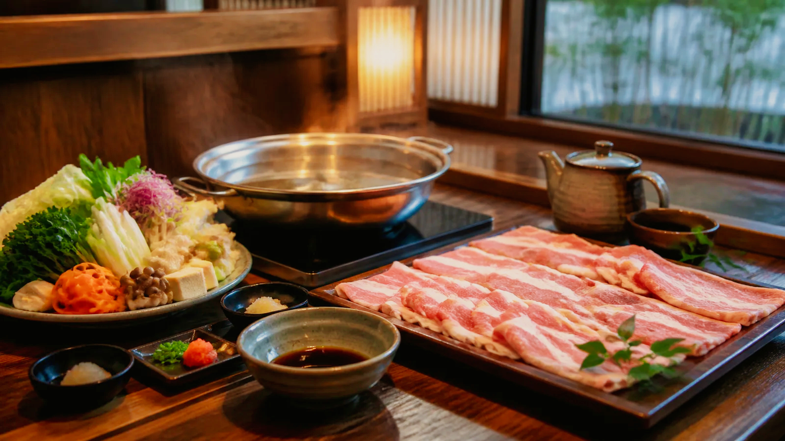 落ち着いた和食店で黒豚の薄切り肉と地元野菜を囲む編集イメージ