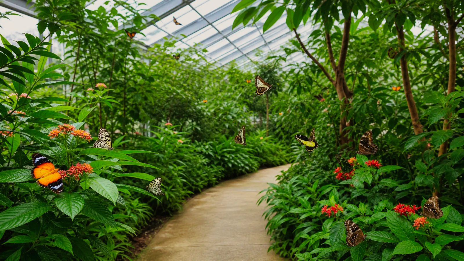 温室の植物の間を自然な蝶が飛ぶ無人の昆虫展示環境の編集イメージ