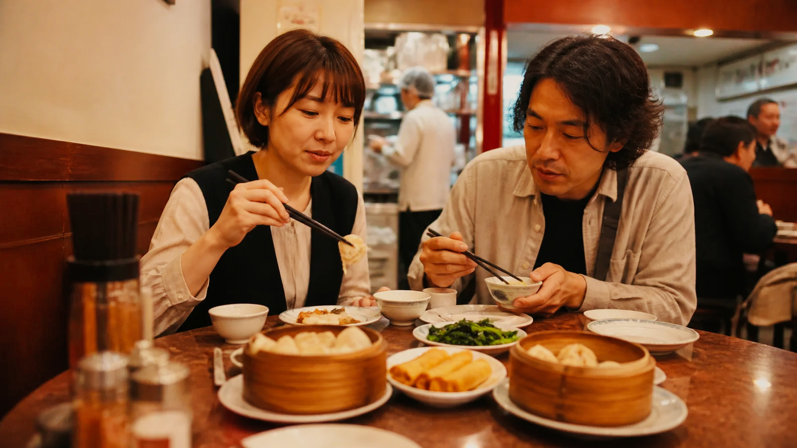 南京町の広東料理店で点心と料理を分け合う二人