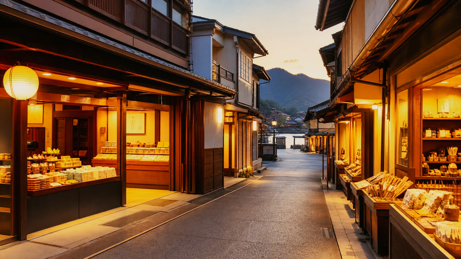 宮島の木造店舗が並ぶ無人の商店街を夕方に見た編集イメージ
