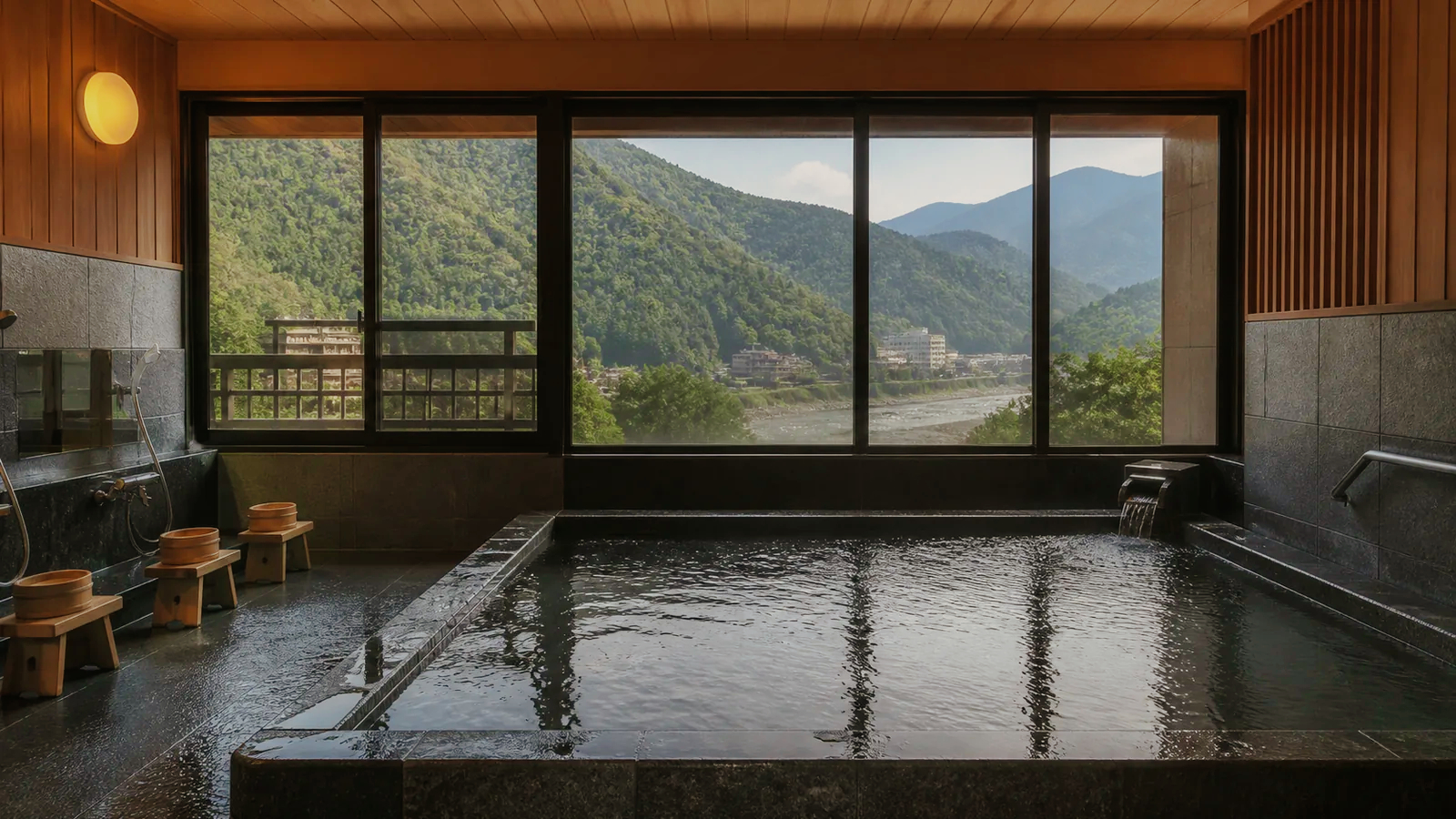 山並みを望む落ち着いた旅館の展望大浴場