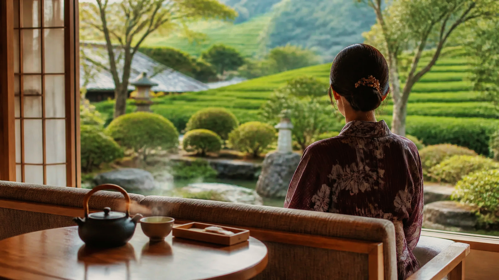 嬉野茶を感じる和風旅館の湯上がり空間で休む旅行者の編集イメージ