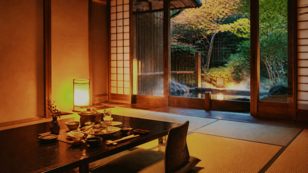 有馬温泉の一人旅を想起させる畳の客室と一人分の夕食