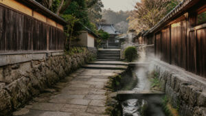 有馬温泉の寺社散歩をイメージした石畳と木塀の静かな道