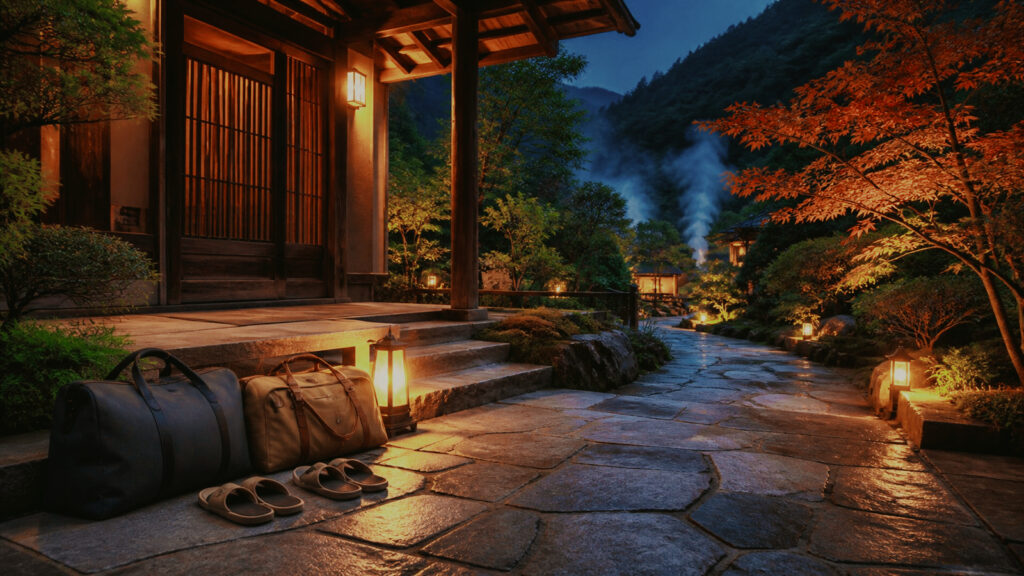 京都近郊の山あいにある温泉旅館の玄関と二人分の旅行鞄