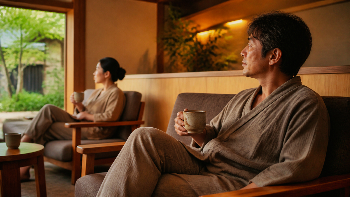 木のぬくもりを感じる温浴ラウンジでコーヒーを飲みながらくつろぐ旅行者のイメージ